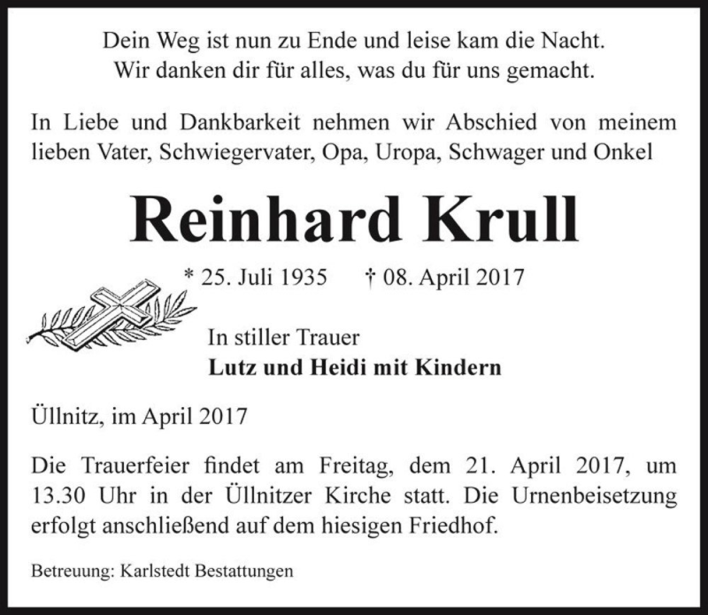  Traueranzeige für Reinhard Krull  vom 15.04.2017 aus Magdeburger Volksstimme