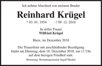 Traueranzeige von Reinhard Krügel  von Magdeburger Volksstimme