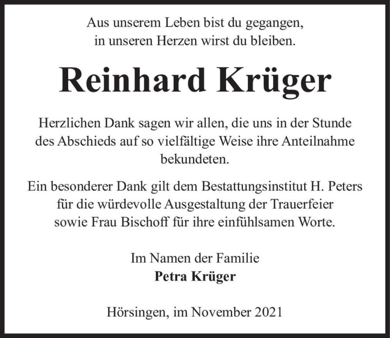  Traueranzeige für Reinhard Krüger  vom 26.11.2021 aus Magdeburger Volksstimme
