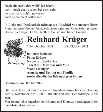 Traueranzeige von Reinhard Krüger  von Magdeburger Volksstimme