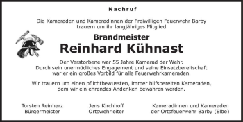 Traueranzeige von Reinhard Kühnast  von Magdeburger Volksstimme