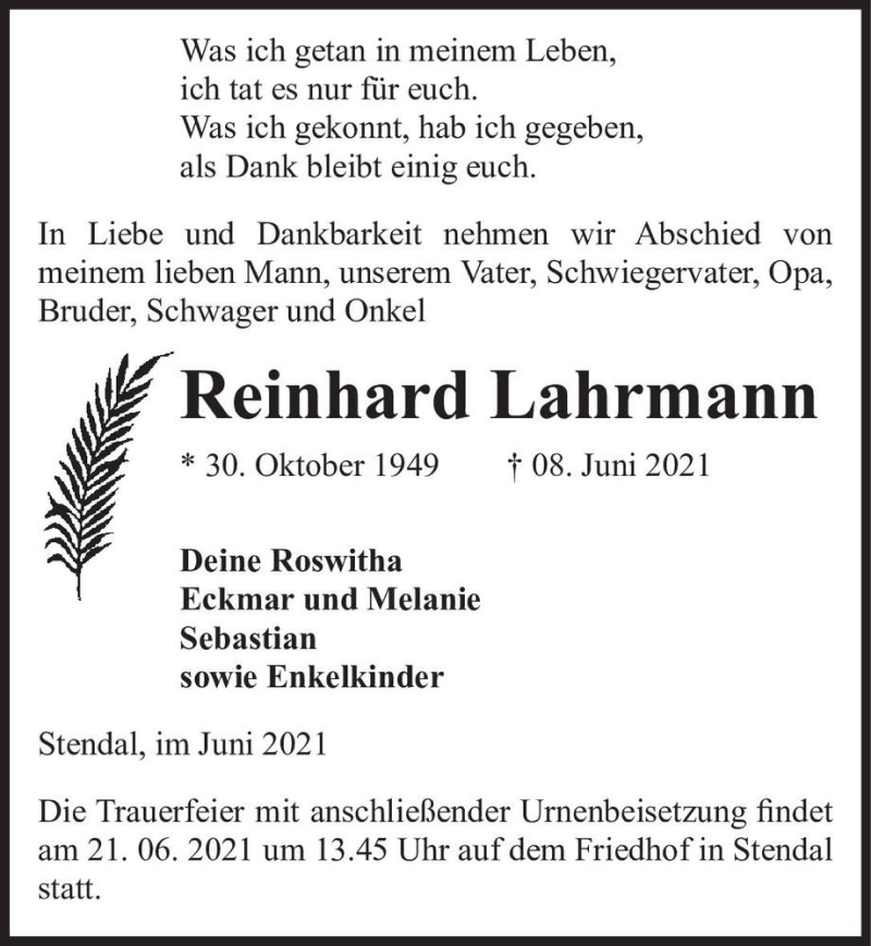  Traueranzeige für Reinhard Lahrmann  vom 12.06.2021 aus Magdeburger Volksstimme