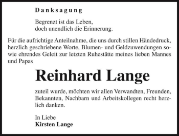 Traueranzeige von Reinhard Lange  von Magdeburger Volksstimme
