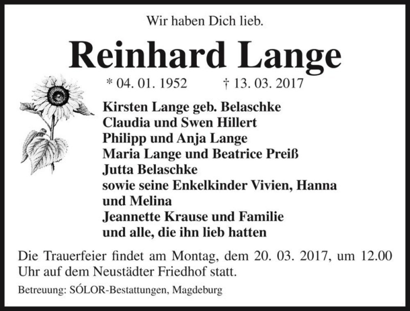  Traueranzeige für Reinhard Lange  vom 16.03.2017 aus Magdeburger Volksstimme