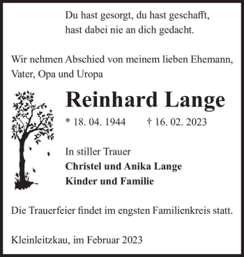 Traueranzeige von Reinhard Lange  von Magdeburger Volksstimme