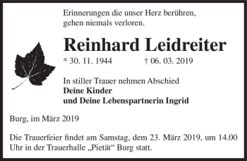 Traueranzeige von Reinhard Leidreiter  von Magdeburger Volksstimme