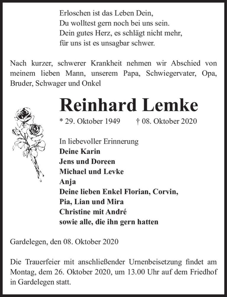  Traueranzeige für Reinhard Lemke  vom 13.10.2020 aus Magdeburger Volksstimme