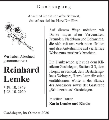 Traueranzeige von Reinhard Lemke  von Magdeburger Volksstimme