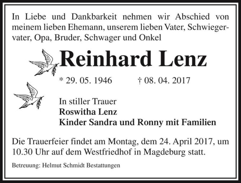  Traueranzeige für Reinhard Lenz  vom 15.04.2017 aus Magdeburger Volksstimme