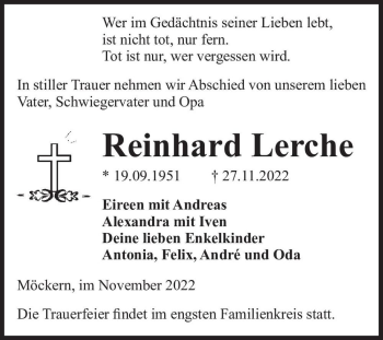 Traueranzeige von Reinhard Lerche  von Magdeburger Volksstimme