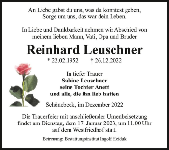 Traueranzeige von Reinhard Leuschner  von Magdeburger Volksstimme