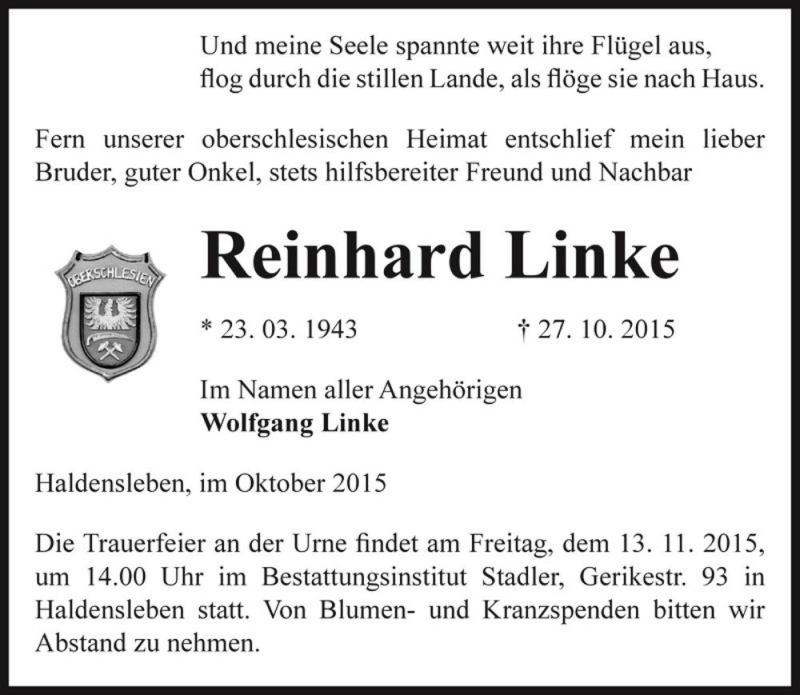  Traueranzeige für Reinhard Linke  vom 03.11.2015 aus Magdeburger Volksstimme