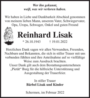 Traueranzeige von Reinhard Lisak  von Magdeburger Volksstimme