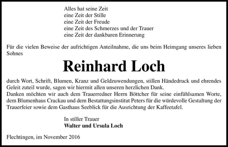  Traueranzeige für Reinhard Loch  vom 05.11.2016 aus Magdeburger Volksstimme