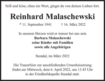 Traueranzeige von Reinhard Malaschewski  von Magdeburger Volksstimme