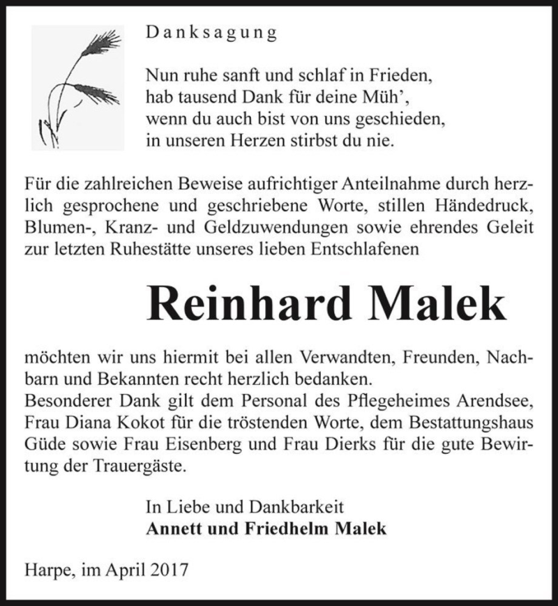 Traueranzeige für Reinhard Malek  vom 26.04.2017 aus Magdeburger Volksstimme