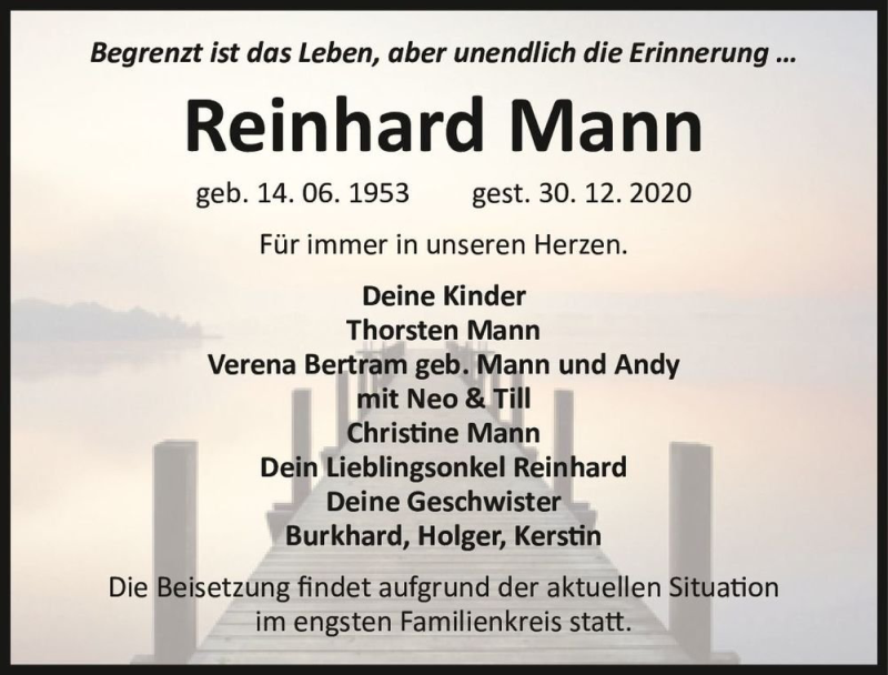  Traueranzeige für Reinhard Mann  vom 09.01.2021 aus Magdeburger Volksstimme