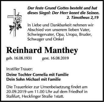 Traueranzeige von Reinhard Manthey  von Magdeburger Volksstimme