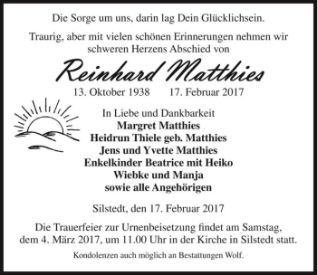 Traueranzeige von Reinhard Matthies  von Magdeburger Volksstimme