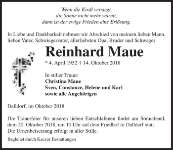 Traueranzeige von Reinhard Maue  von Magdeburger Volksstimme