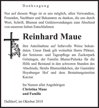Traueranzeige von Reinhard Maue  von Magdeburger Volksstimme