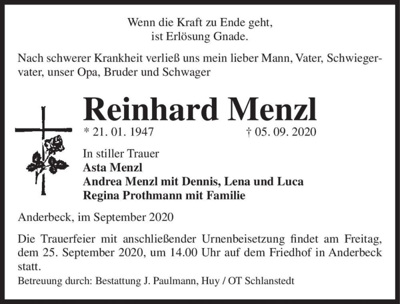 Traueranzeige für Reinhard Menzl  vom 12.09.2020 aus Magdeburger Volksstimme