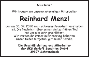 Traueranzeige von Reinhard Menzl  von Magdeburger Volksstimme