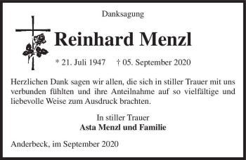 Traueranzeige von Reinhard Menzl  von Magdeburger Volksstimme