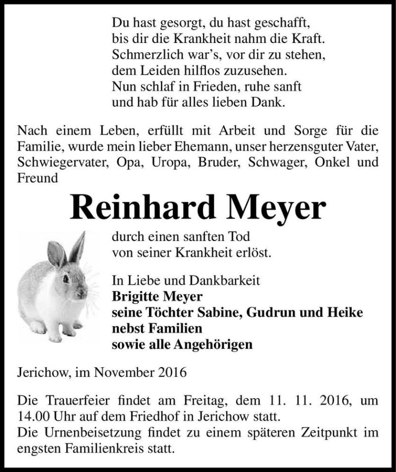  Traueranzeige für Reinhard Meyer  vom 08.11.2016 aus Magdeburger Volksstimme