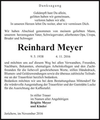 Traueranzeige von Reinhard Meyer  von Magdeburger Volksstimme