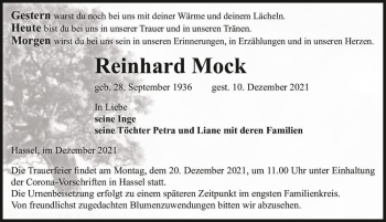 Traueranzeige von Reinhard Mock  von Magdeburger Volksstimme