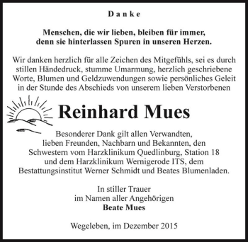 Traueranzeige von Reinhard Mues  von Magdeburger Volksstimme