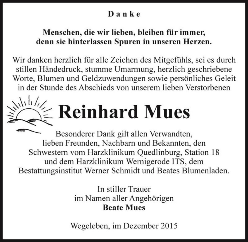  Traueranzeige für Reinhard Mues  vom 29.12.2015 aus Magdeburger Volksstimme