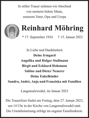 Traueranzeige von Reinhard Möhring  von Magdeburger Volksstimme