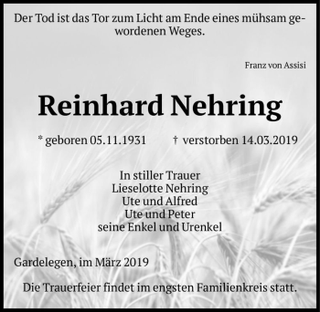 Traueranzeige von Reinhard Nehring  von Magdeburger Volksstimme