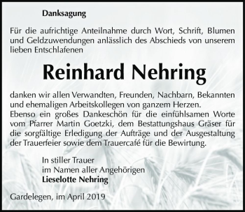 Traueranzeige von Reinhard Nehring  von Magdeburger Volksstimme