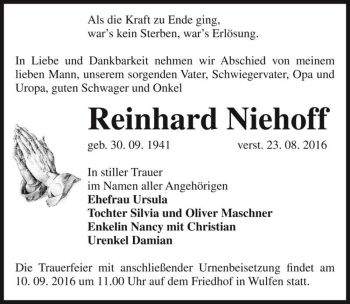 Traueranzeige von Reinhard Niehoff  von Magdeburger Volksstimme