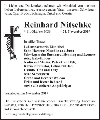 Traueranzeige von Reinhard Nitschke  von Magdeburger Volksstimme