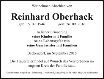 Traueranzeige von Reinhard Oberhack  von Magdeburger Volksstimme