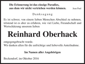 Traueranzeige von Reinhard Oberhack  von Magdeburger Volksstimme