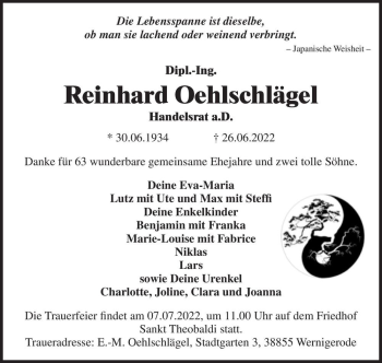 Traueranzeige von Reinhard Oehlschlägel  von Magdeburger Volksstimme