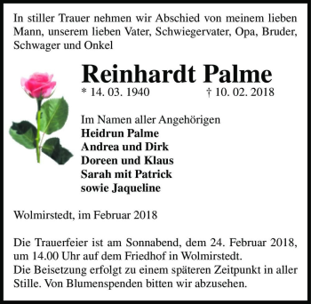 Traueranzeige von Reinhard Palme  von Magdeburger Volksstimme