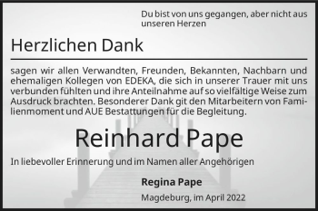 Traueranzeige von Reinhard Pape  von Magdeburger Volksstimme