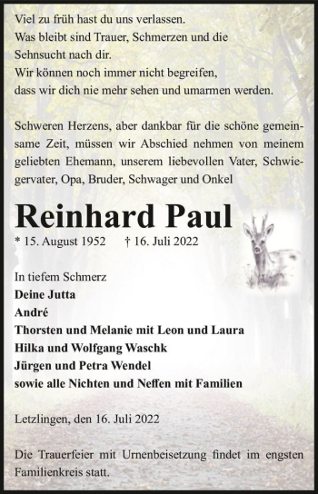 Traueranzeige von Reinhard Paul  von Magdeburger Volksstimme
