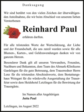 Traueranzeige von Reinhard Paul  von Magdeburger Volksstimme