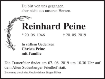 Traueranzeige von Reinhard Peine  von Magdeburger Volksstimme