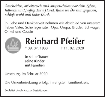 Traueranzeige von Reinhard Pfeifer  von Magdeburger Volksstimme