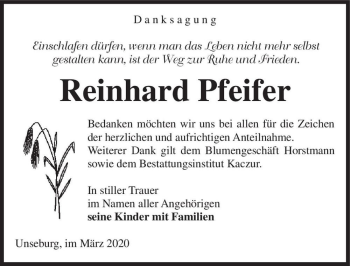 Traueranzeige von Reinhard Pfeifer  von Magdeburger Volksstimme