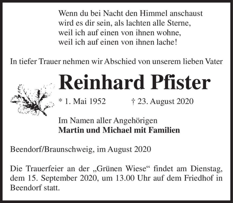  Traueranzeige für Reinhard Pfister  vom 29.08.2020 aus Magdeburger Volksstimme