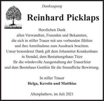 Traueranzeige von Reinhard Picklaps  von Magdeburger Volksstimme